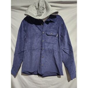 NEW Sovereign Code Navy Blue Corduroy Button Up Shacket W Jersey Knit Hood LARGE